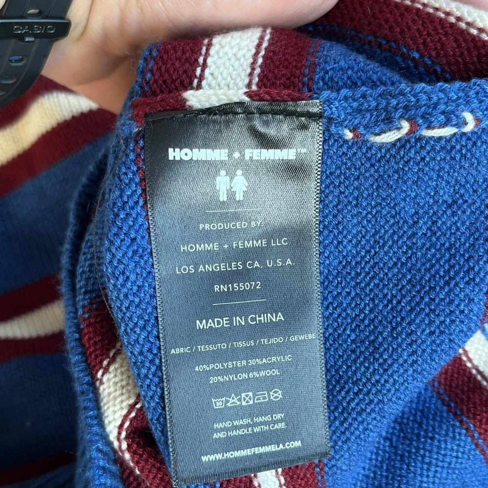 HOMME + FEMME Sweater Mens 2XL‎ Blue Yellow Striped Polo Collar Knit Logo Patch